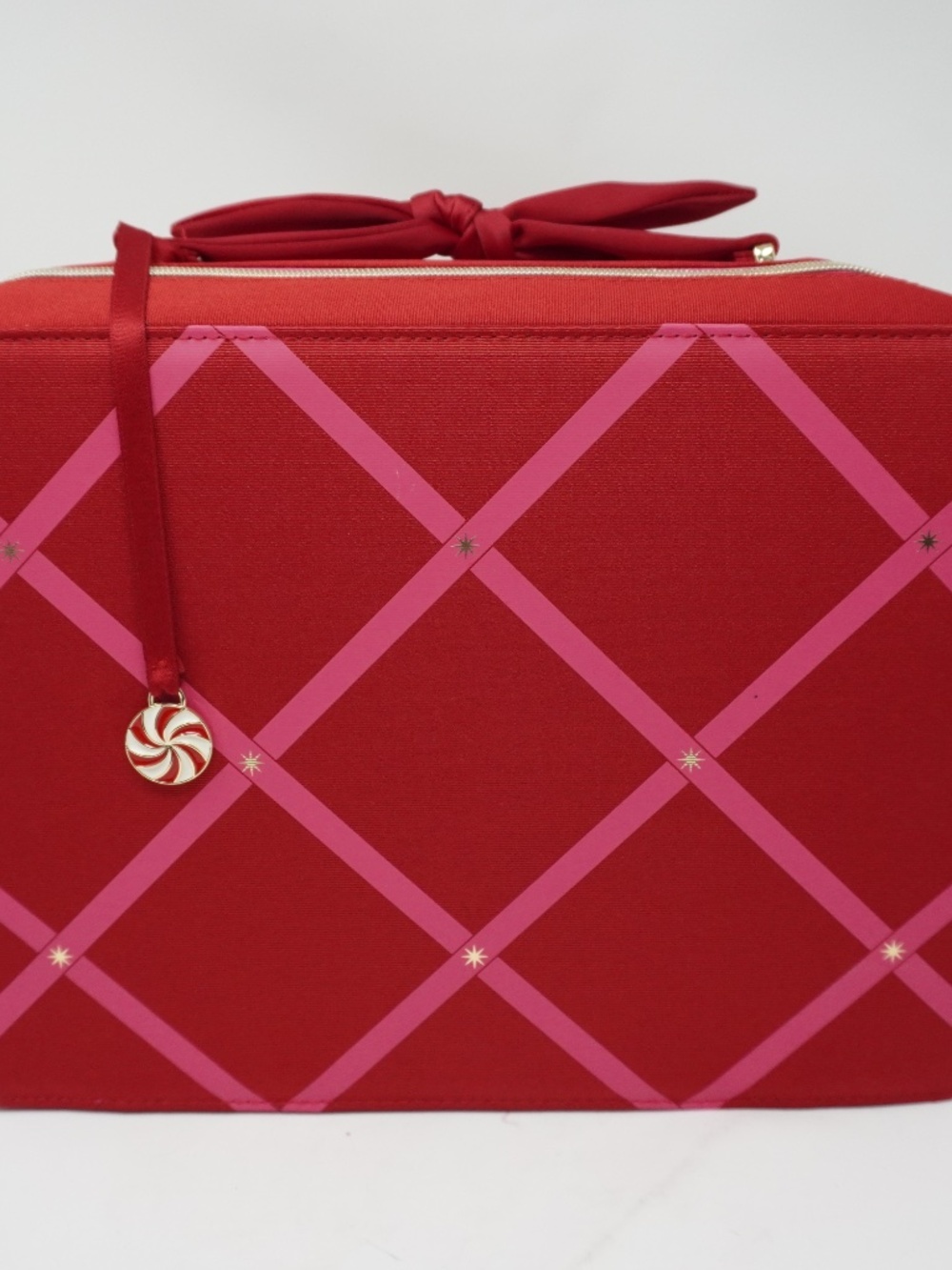 NEW ESTEE LAUDER COSMETIC BAG HUGE CHRISTMAS ZIPPER RED PINK - Picture 2 of 6